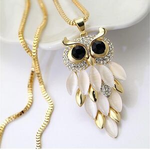 Owl Crystal Pendant Necklace Womens Fashion Long Gold Chain Accessory New
